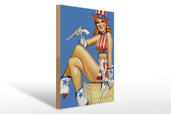 Panneau en bois Pin Up 30x40cm danger Cowgirl USA pistolet 1