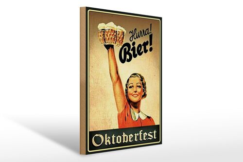 Holzschild Spruch 30x40cm Oktoberfest Hurra Frau mit Bier