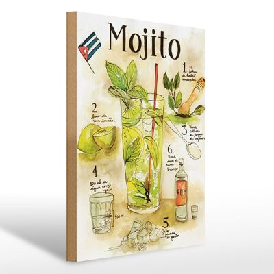 Cartel de madera receta 30x40cm Mojito Ron suco de limão Agua