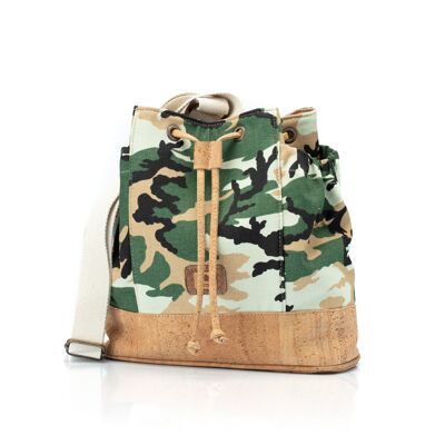 Bucket bag in printed canvas and cork