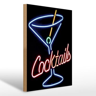Wooden sign 30x40cm Cocktails Neon Straw