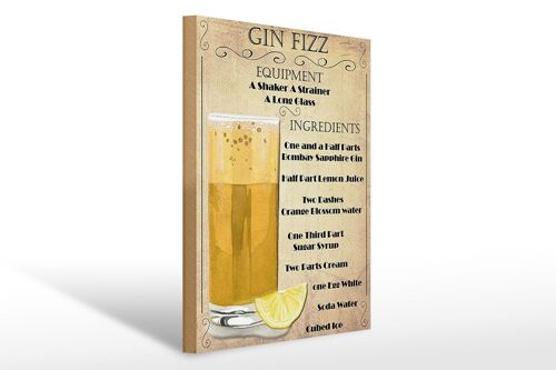 Holzschild 30x40cm Gin Fizz Equipment ingredients beige Schild