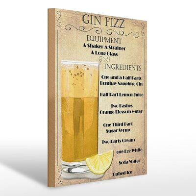 Holzschild 30x40cm Gin Fizz Equipment ingredients beige Schild