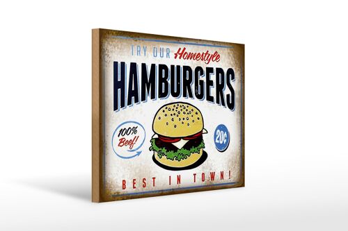 Holzschild Spruch 40x30cm Hamburger best in town 100% Beef