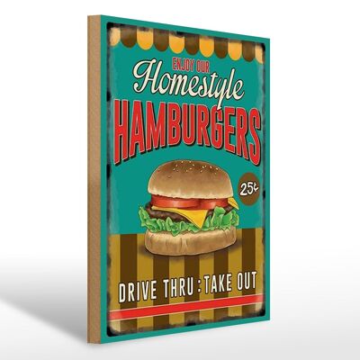 Cartel de madera comida 30x40cm Hamburguesas disfrutan de nuestro hogar