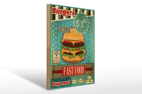 Holzschild Essen 30x40cm fast food Burgers buy now wifi