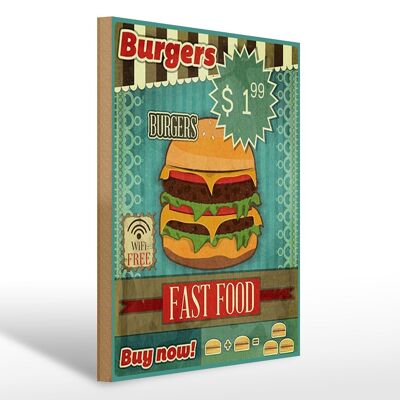 Holzschild Essen 30x40cm fast food Burgers buy now wifi