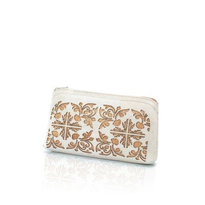 Make-up case purse in white coloured cork with laser cut-out tile design.