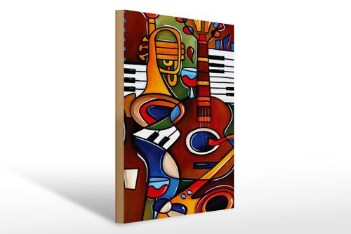 Holzschild Kunst 30x40cm Musik Instrumente Gitarre Piano