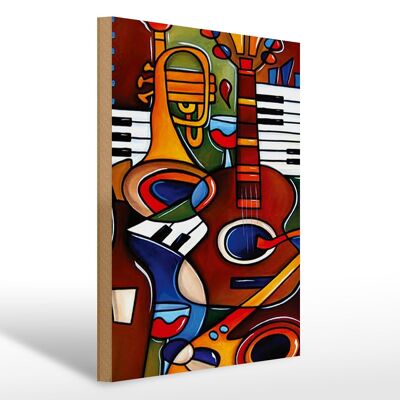 Letrero de madera art 30x40cm instrumentos musicales guitarra piano
