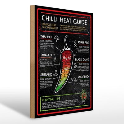 Cartel de madera comida 30x40cm Guía de calor de chile fuego asiático tailandés