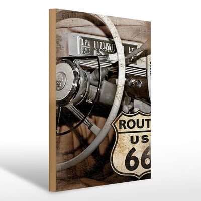 Holzschild Retro 30x40cm Auto Lenkrad Route US 66