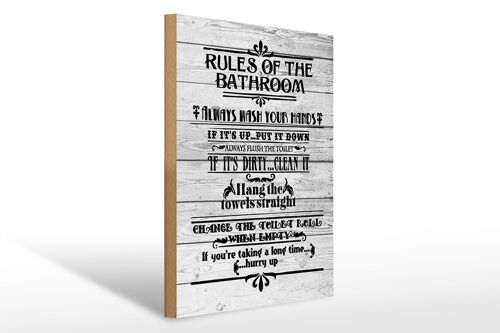 Holzschild Spruch 30x40cm rules of the bathroom wash hands