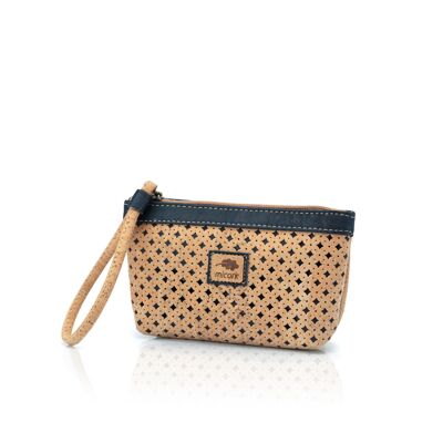 Make-up case in perforated cork with contrast coloured details.
