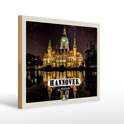 Cartello in legno città Hannover Nuovo Municipio Serata 40x30cm