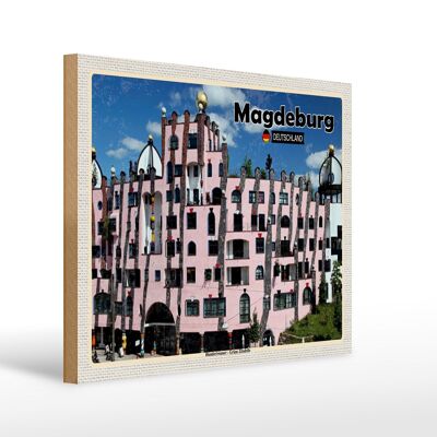 Cartello in legno città Magdeburgo Hundertwasser edifici 40x30cm