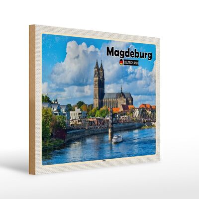 Cartel de madera ciudades Catedral de Magdeburgo arquitectura del río 40x30cm