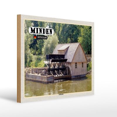 Cartel de madera ciudades Minden barco molino río 40x30cm