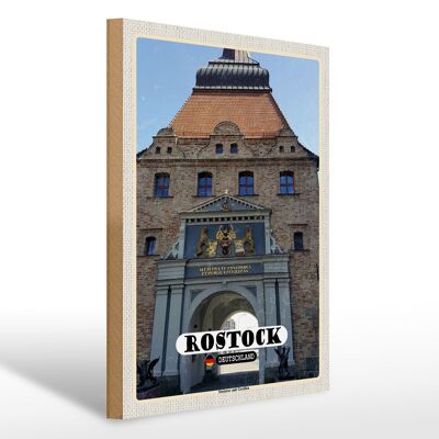 Cartello in legno città Rostock porta in pietra con grifoni 30x40 cm
