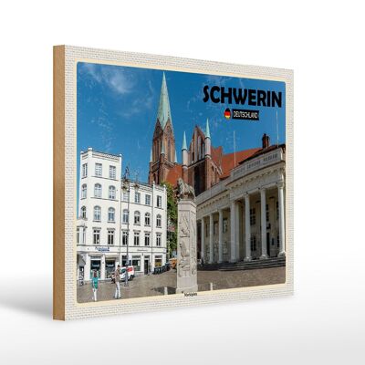 Cartel de madera ciudades Schwerin plaza del mercado arquitectura 40x30cm