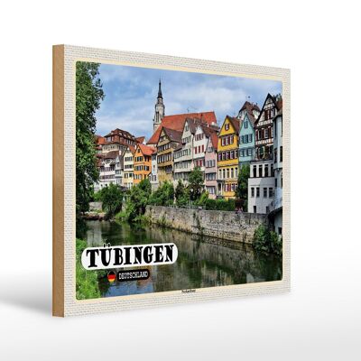 Cartello in legno città Tubinga Neckarfront edifici fluviali 40x30 cm