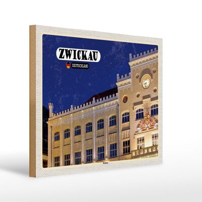 Cartello in legno città Zwickau municipio architettura 30x40cm