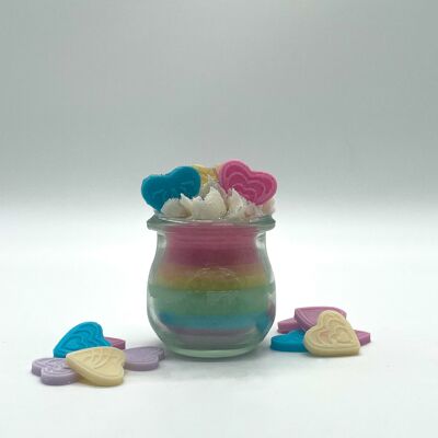 Vela de postre "Fabulous Rainbow" aroma lila - vela perfumada en vaso - cera de soja