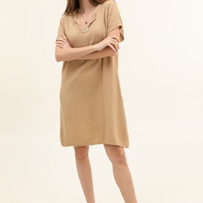 Short dress with Tunisian buttoned collar in cotton gauze
