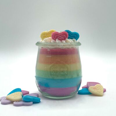 Candela da dessert "Fabulous Rainbow" profumo lilla - candela profumata in bicchiere - cera di soia