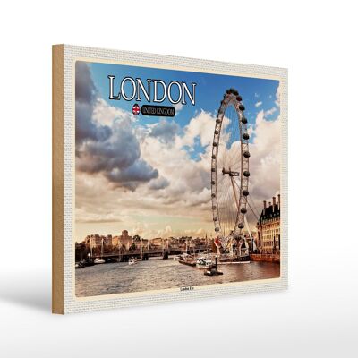 Cartel de madera ciudades Reino Unido Inglaterra London Eye 40x30cm