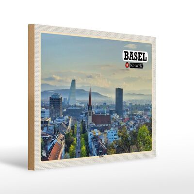 Cartel de madera viaje Basilea Suiza horizonte arquitectura 40x30cm