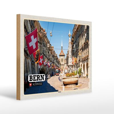 Cartel de madera viaje Berna Suiza banderas del casco antiguo 40x30cm