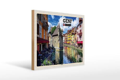 Holzschild Reise Genf Schweiz Altstadt Fluss 40x30cm