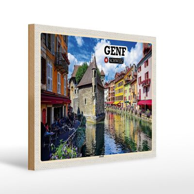 Cartello in legno viaggio Ginevra Svizzera città vecchia fiume 40x30 cm