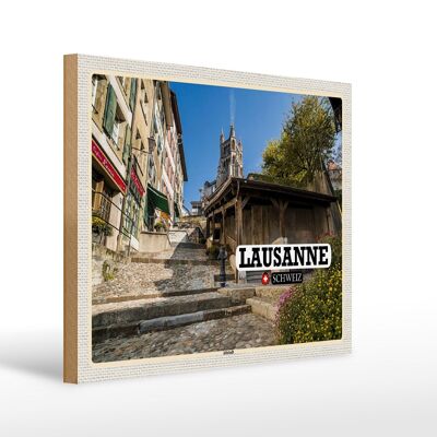 Cartel de madera viaje Lausana Suiza arquitectura del casco antiguo 40x30cm