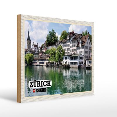 Cartello in legno viaggio Zurigo Svizzera città vecchia fiume 40x30 cm