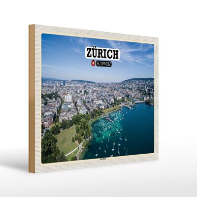 Cartel de madera viaje Zurich Suiza Lago Zurich barcos 40x30cm