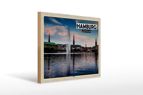 Holzschild Städte Hamburg Alster Blick auf Fluss 40x30cm