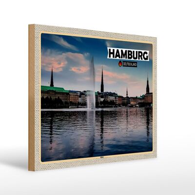 Cartel de madera ciudades Hamburgo Alster vista al río 40x30cm