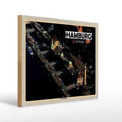 Cartel de madera ciudades Hamburgo vista Landungsbrücken 40x30cm
