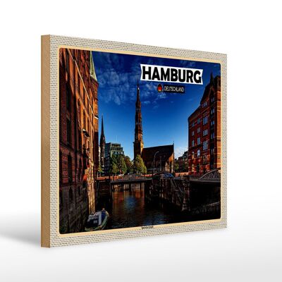 Cartel de madera ciudades Hamburgo Speicherstadt arquitectura 40x30cm