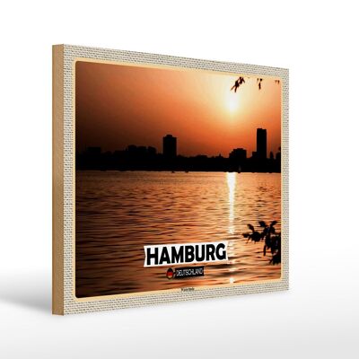 Cartel de madera ciudades Hamburgo Winterhude atardecer 40x30cm