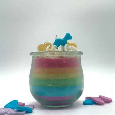 Candela da dessert "Fabulous Rainbow" profumo lilla - candela profumata in bicchiere - cera di soia