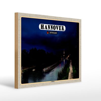 Cartello in legno città Hannover terra battelli canale notte 40x30cm