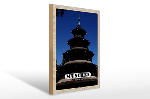 Holzschild Städte München Chinesischer Turm Baukunst 30x40cm