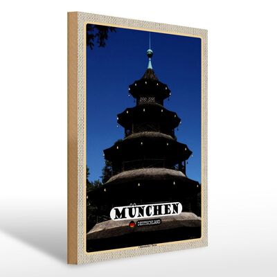 Letrero de madera ciudades Múnich arquitectura torre china 30x40cm