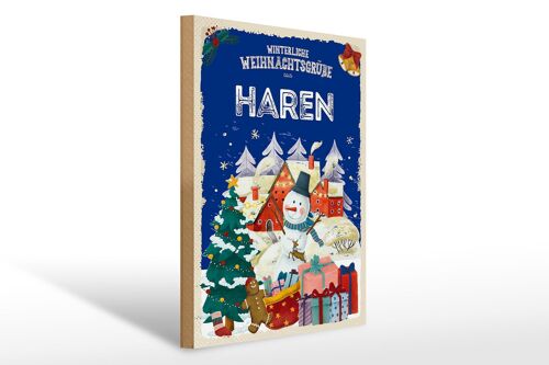 Holzschild Weihnachtsgrüße aus HAREN Geschenk 30x40cm