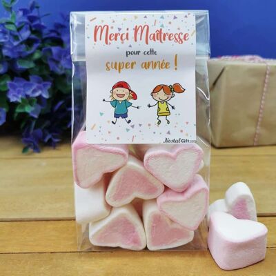 Sacchetto di cuori marshmallow grandi x 15 "Grazie Padrona"