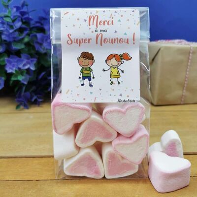 Sachet gros coeurs en guimauve x 15 "Pour une super Nounou"