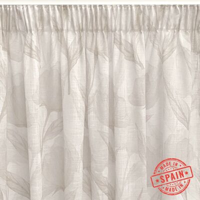 Translucent curtain, digitally printed sheer made of multifunction tape (gathering tape or grommets), combines floral design and natural colors. Curtains for living room, bedroom and kitchen.